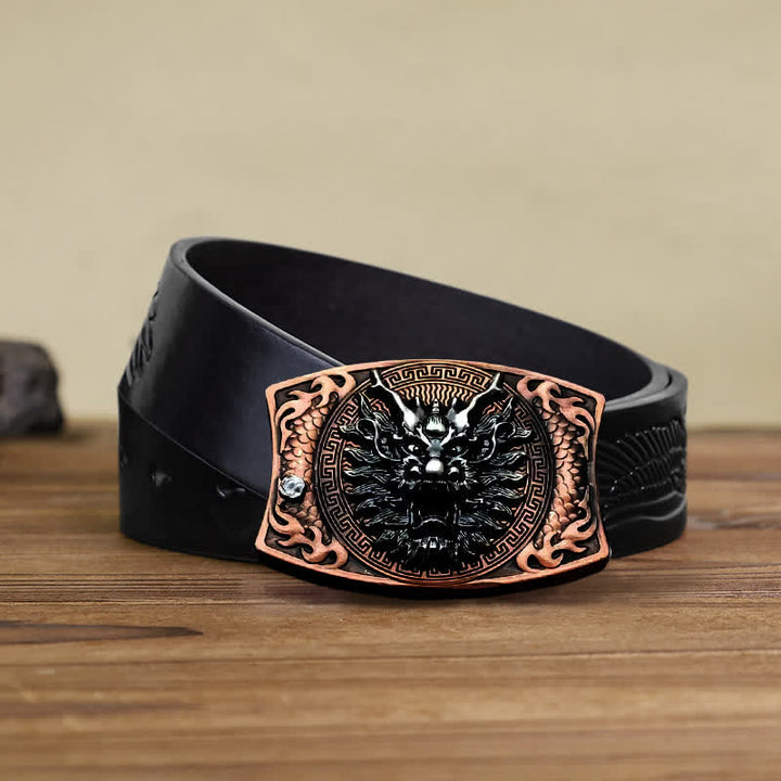 Cinturón de cuero con cuchillo plegable oculto de bronce rojo con dragón para hombre