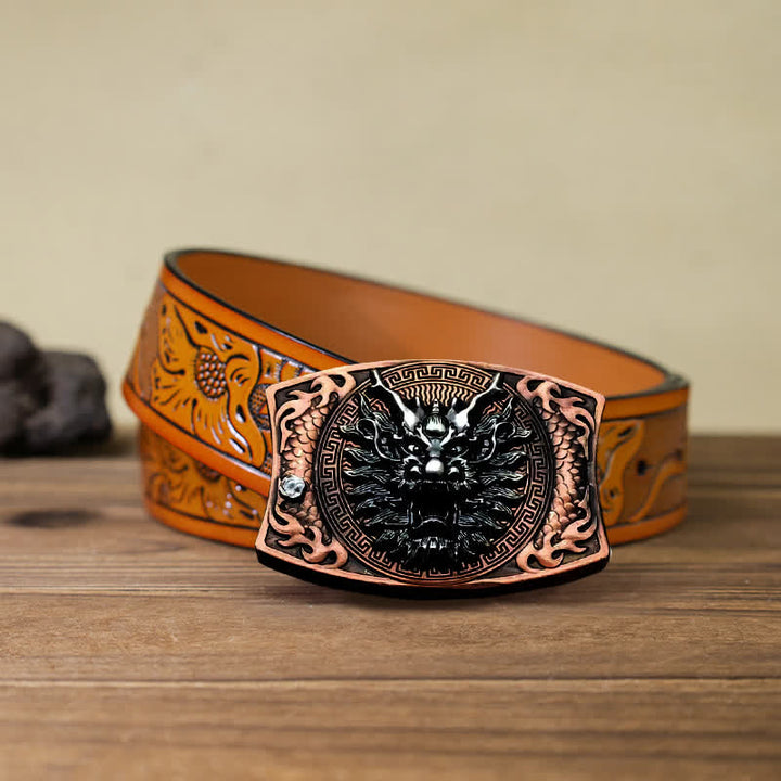 Cinturón de cuero con cuchillo plegable oculto de bronce rojo con dragón para hombre