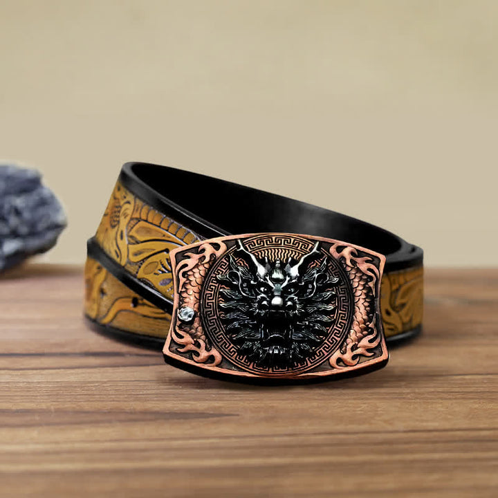 Cinturón de cuero con cuchillo plegable oculto de bronce rojo con dragón para hombre