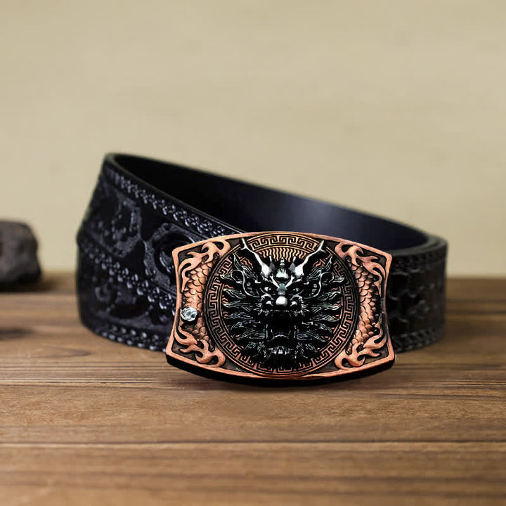 Cinturón de cuero con cuchillo plegable oculto de bronce rojo con dragón para hombre