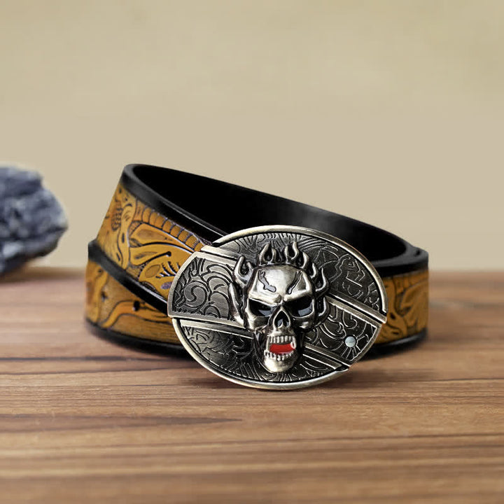 Cinturón de cuero con cuchillo plegable oculto con calavera en llamas para hombre