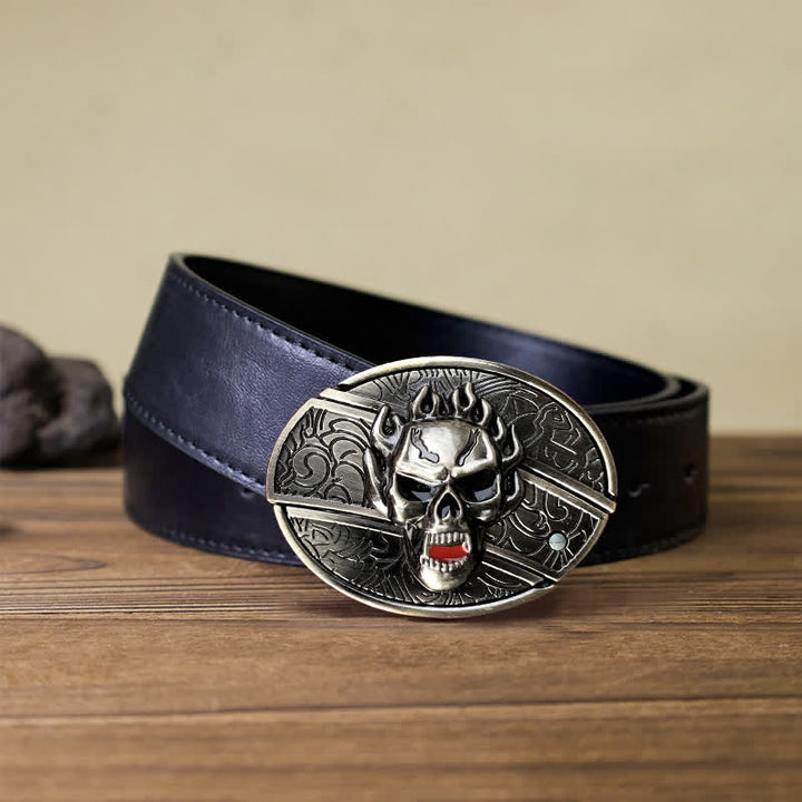 Cinturón de cuero con cuchillo plegable oculto con calavera en llamas para hombre