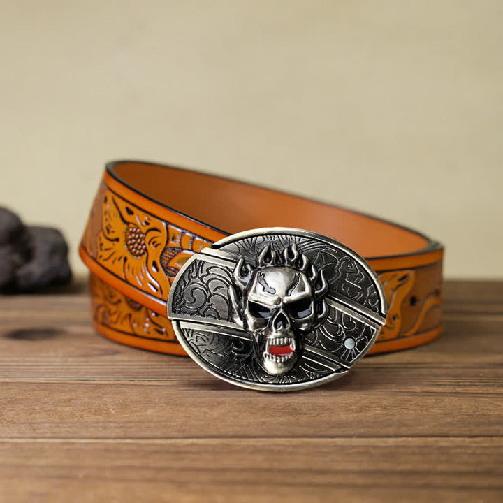 Cinturón de cuero con cuchillo plegable oculto con calavera en llamas para hombre