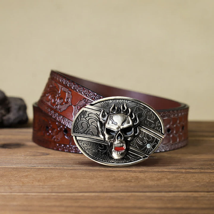 Cinturón de cuero con cuchillo plegable oculto con calavera en llamas para hombre