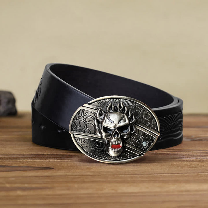 Cinturón de cuero con cuchillo plegable oculto con calavera en llamas para hombre