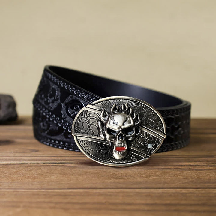 Cinturón de cuero con cuchillo plegable oculto con calavera en llamas para hombre