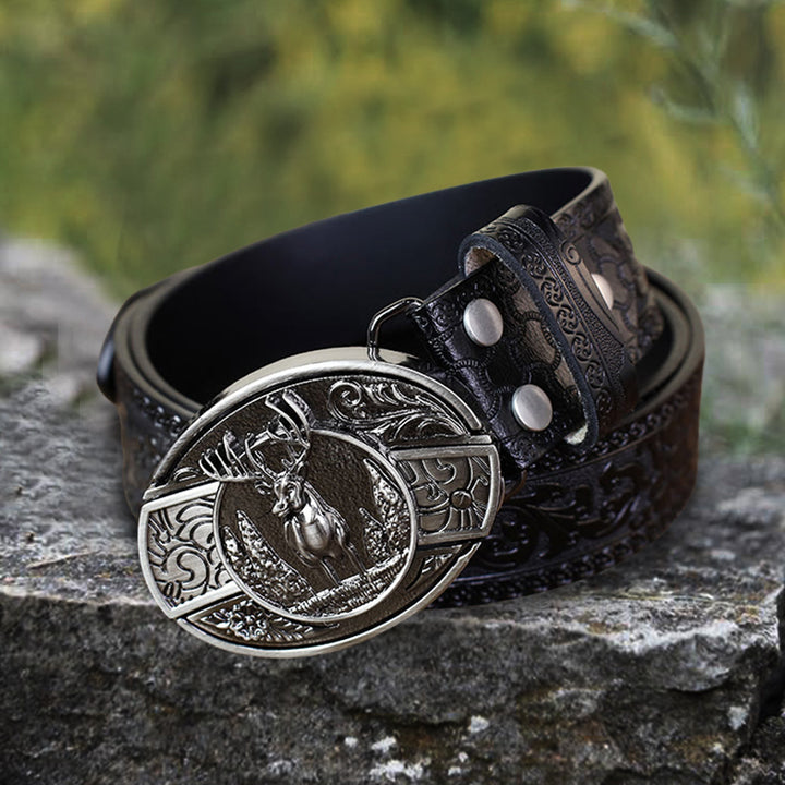 Cinturón de cuero con cuchillo plegable oculto con diseño de ciervo del bosque para hombre