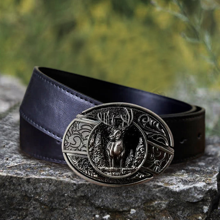 Cinturón de cuero con cuchillo plegable oculto con diseño de ciervo del bosque para hombre