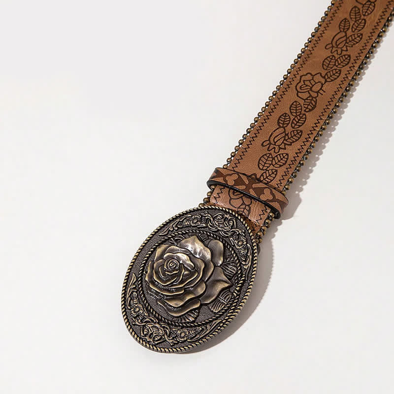 Cinturón de cuero estampado con hebilla en forma de rosa estilo occidental