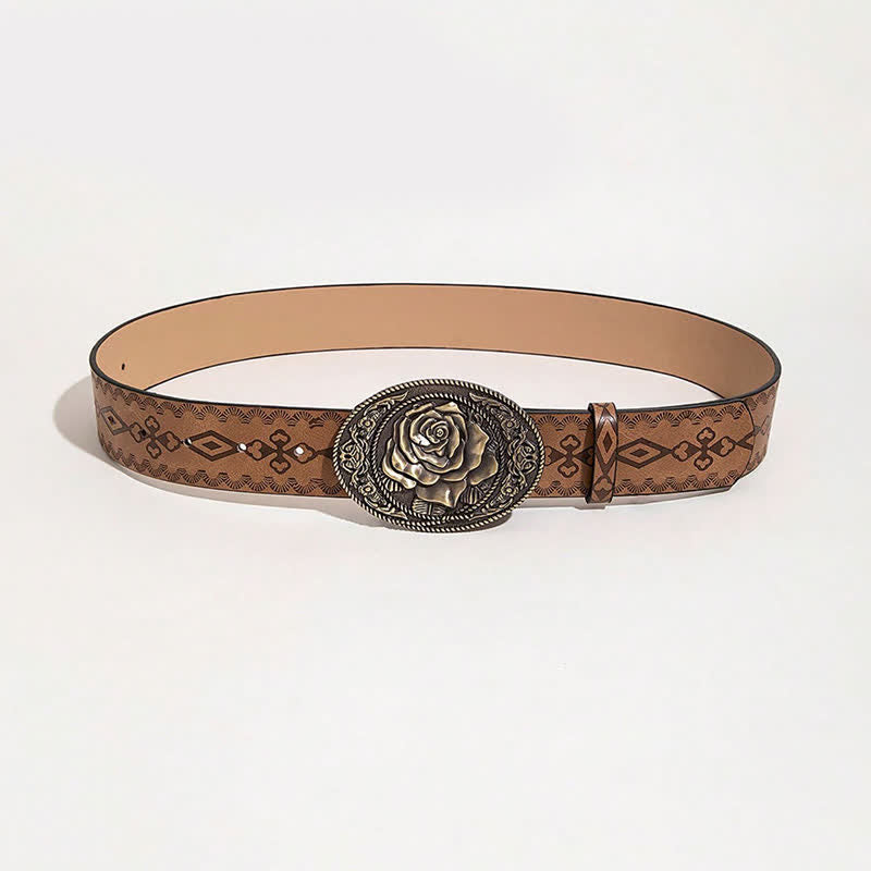 Cinturón de cuero estampado con hebilla en forma de rosa estilo occidental