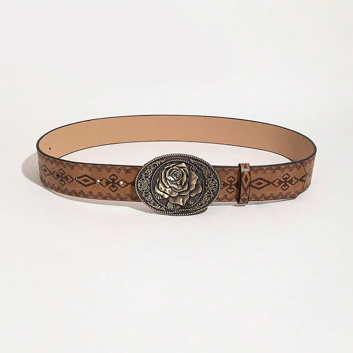 Cinturón de cuero estampado con hebilla en forma de rosa estilo occidental