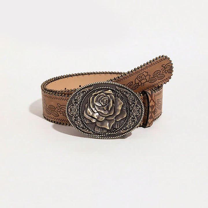 Cinturón de cuero estampado con hebilla en forma de rosa estilo occidental