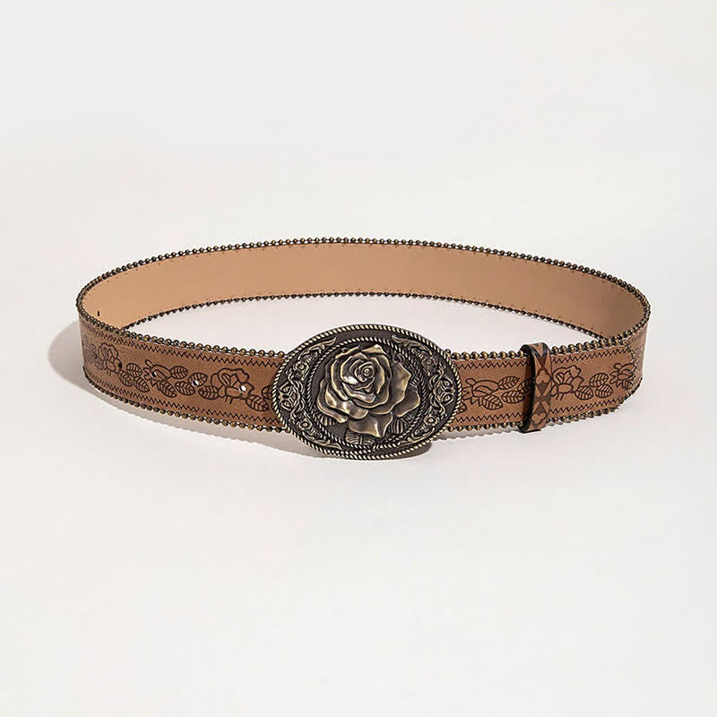 Cinturón de cuero estampado con hebilla en forma de rosa estilo occidental