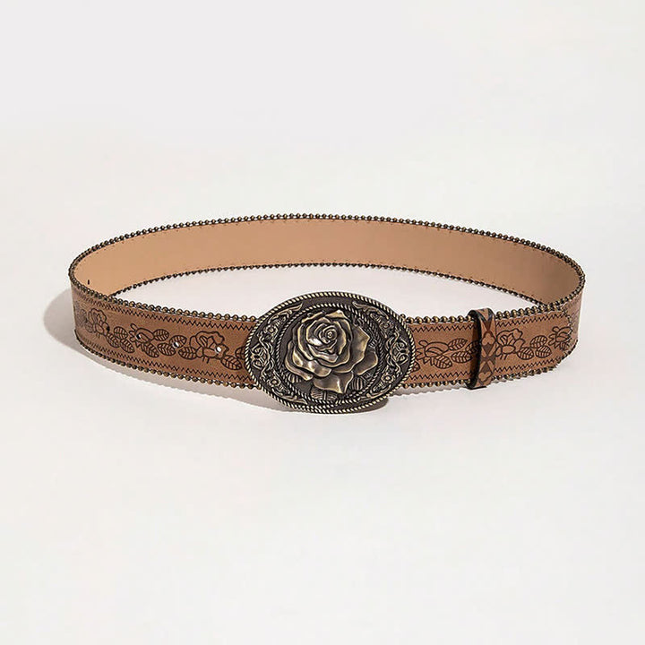 Cinturón de cuero estampado con hebilla en forma de rosa estilo occidental