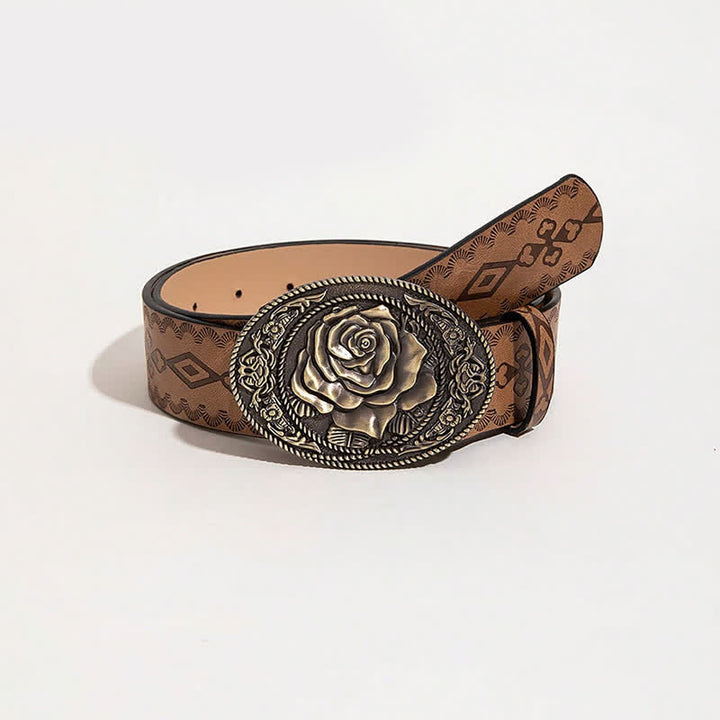 Cinturón de cuero estampado con hebilla en forma de rosa estilo occidental
