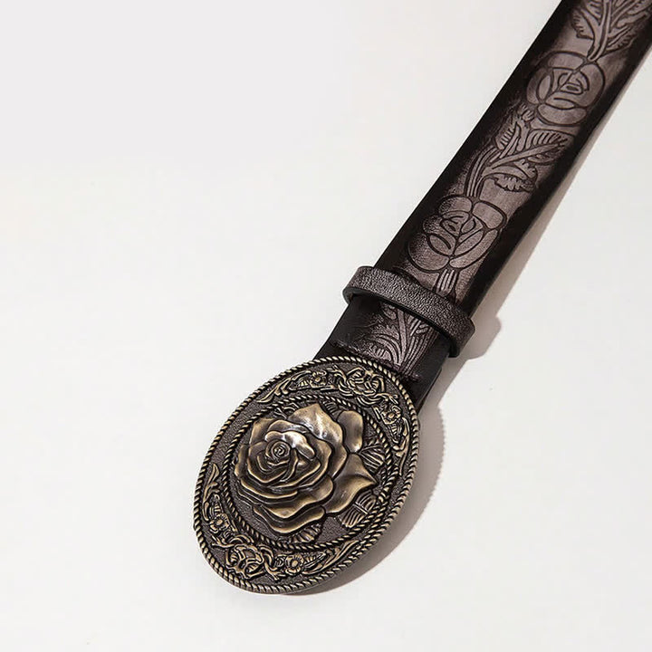 Cinturón de cuero estampado con hebilla en forma de rosa estilo occidental