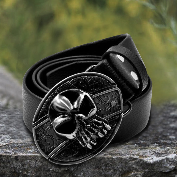 Cinturón de cuero con calavera para hombre y navaja plegable