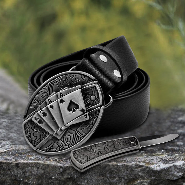 Cinturón de cuero con navaja plegable Poker 4 Ace para hombre