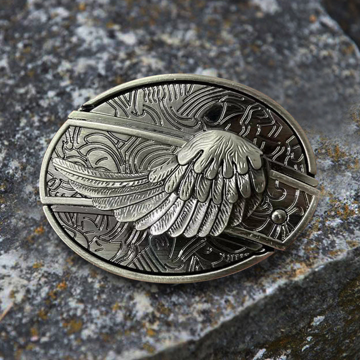 Cinturón de cuero con cuchillo plegable oculto con alas de ángel para hombre