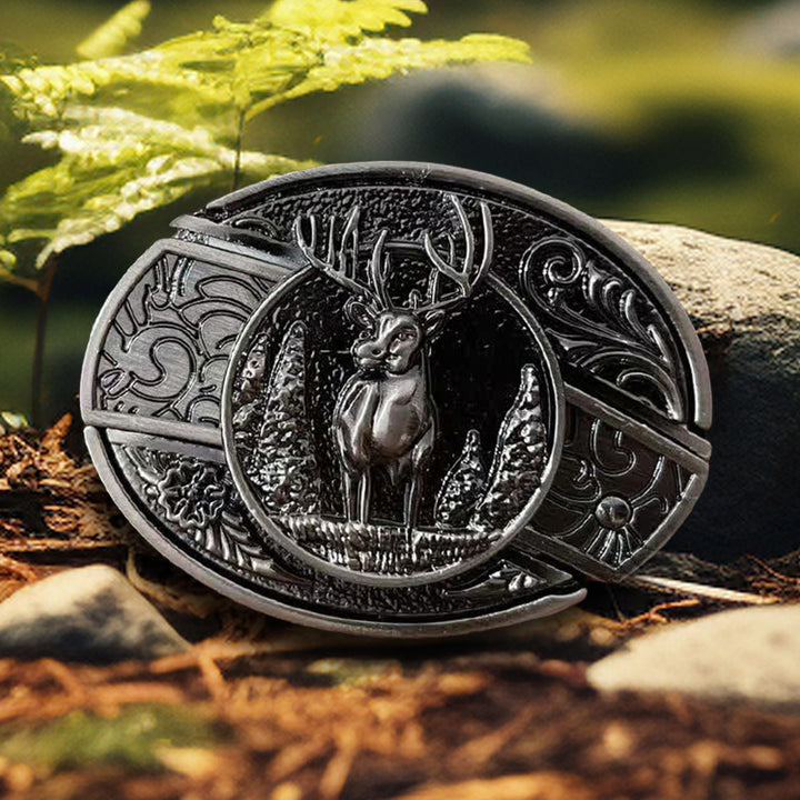 Cinturón de cuero con cuchillo plegable oculto con diseño de ciervo del bosque para hombre