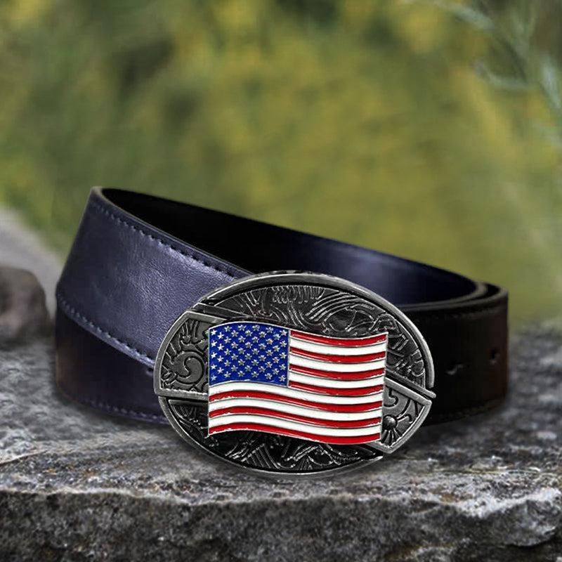 Cinturón de cuero con cuchillo plegable oculto con bandera estadounidense para hombre