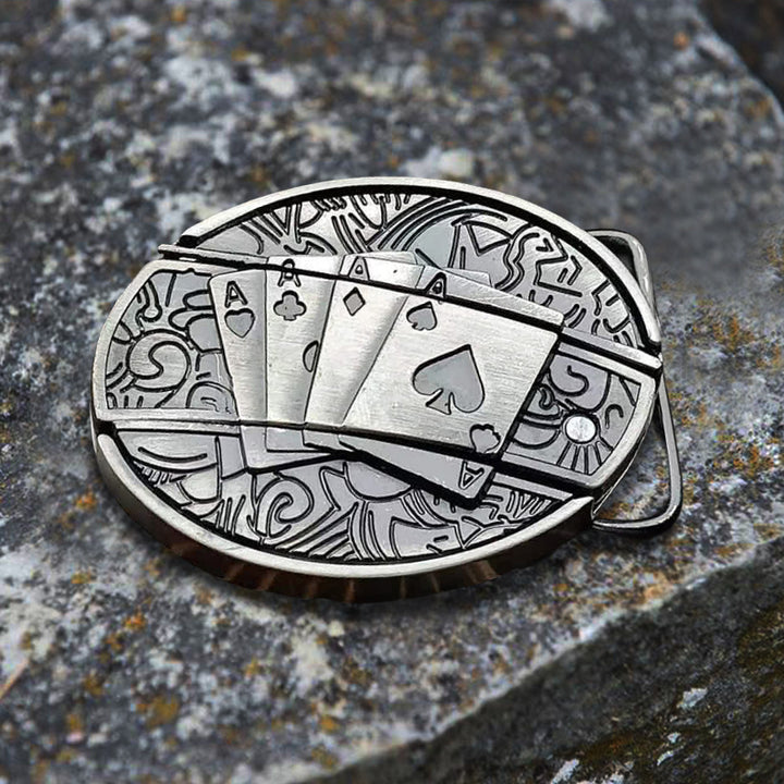 Cinturón de cuero con navaja plegable oculta Poker 4 Ace para hombre