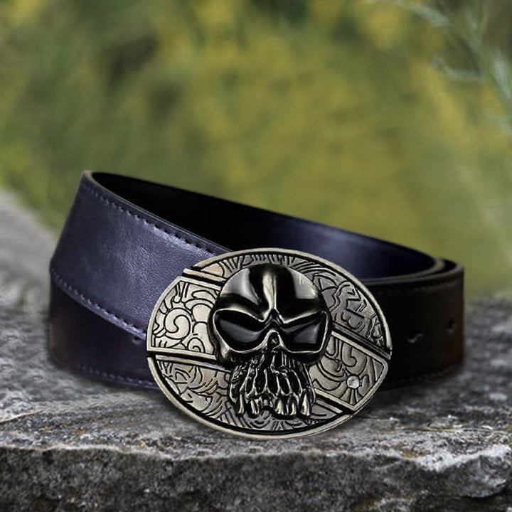 Cinturón de cuero con cuchillo plegable oculto con cabeza de calavera para hombre