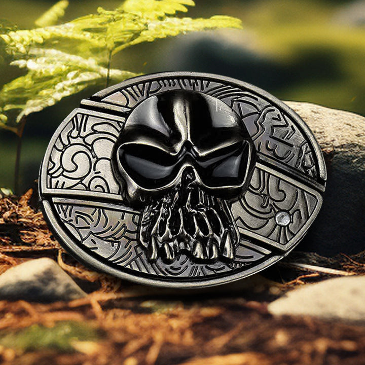Cinturón de cuero con cuchillo plegable oculto con cabeza de calavera para hombre