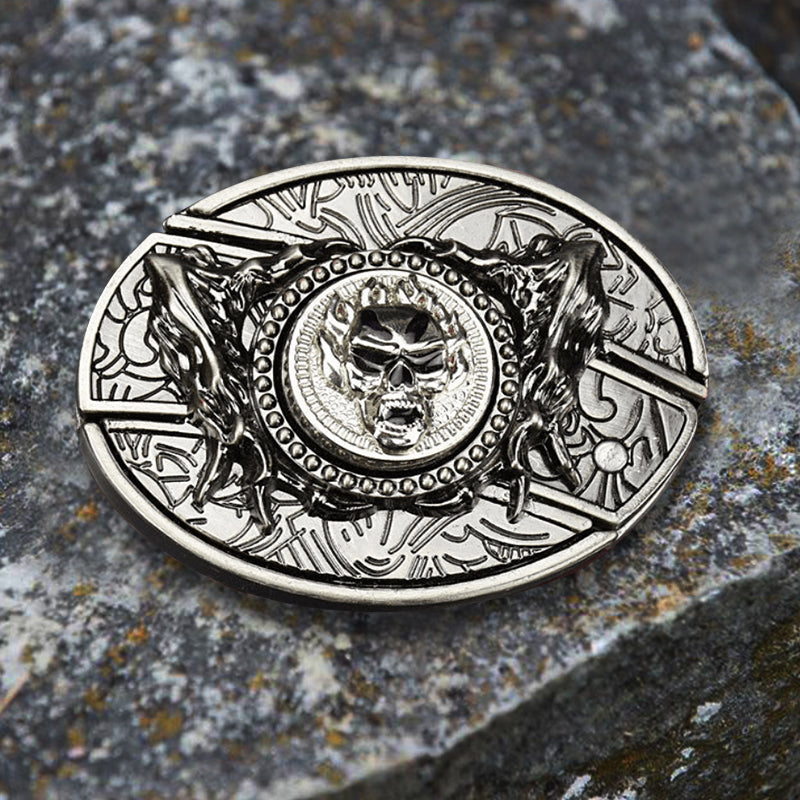 Cinturón de cuero con cuchillo plegable oculto y calavera giratoria para hombre