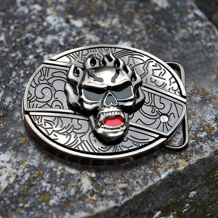 Cinturón de cuero con cuchillo plegable oculto con calavera en llamas para hombre