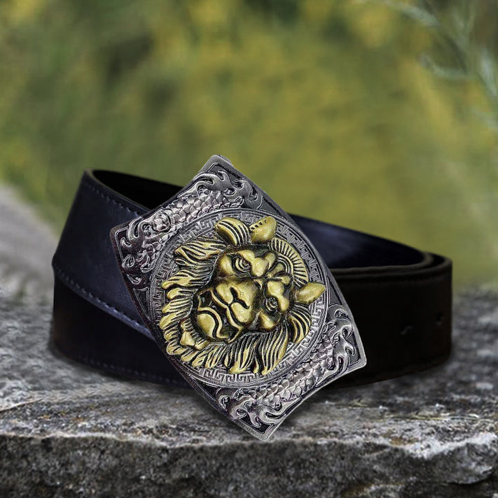 Cinturón de cuero con cuchillo plegable oculto de león dorado para hombre