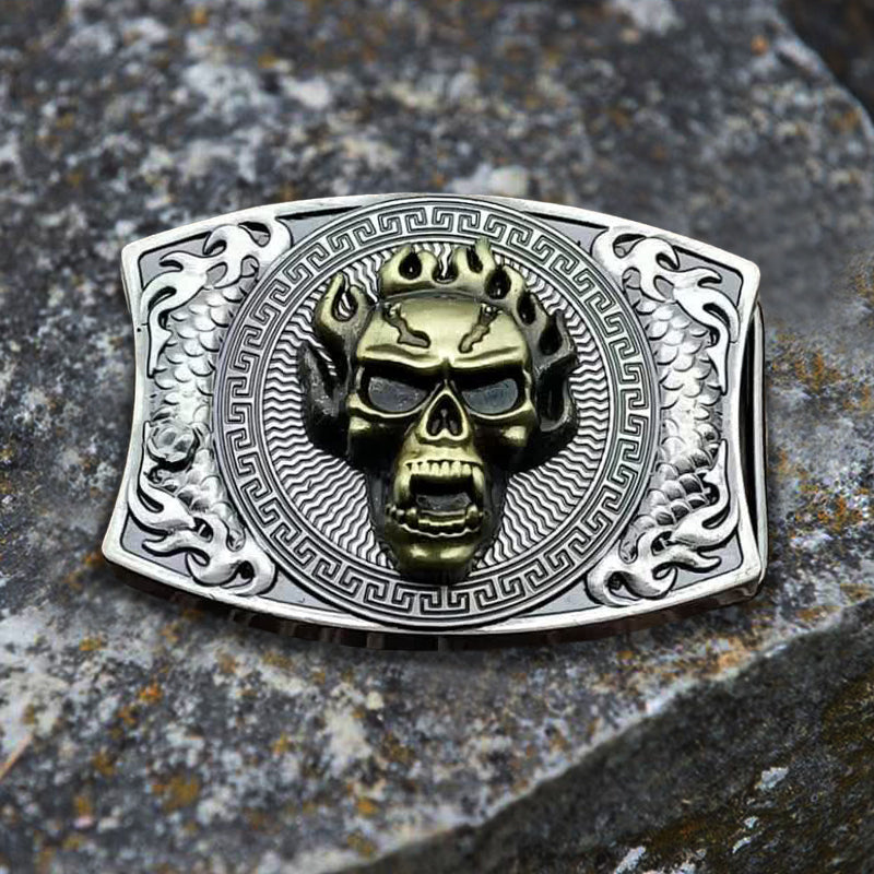 Cinturón de cuero con cuchillo plegable oculto con calavera en llamas para hombre
