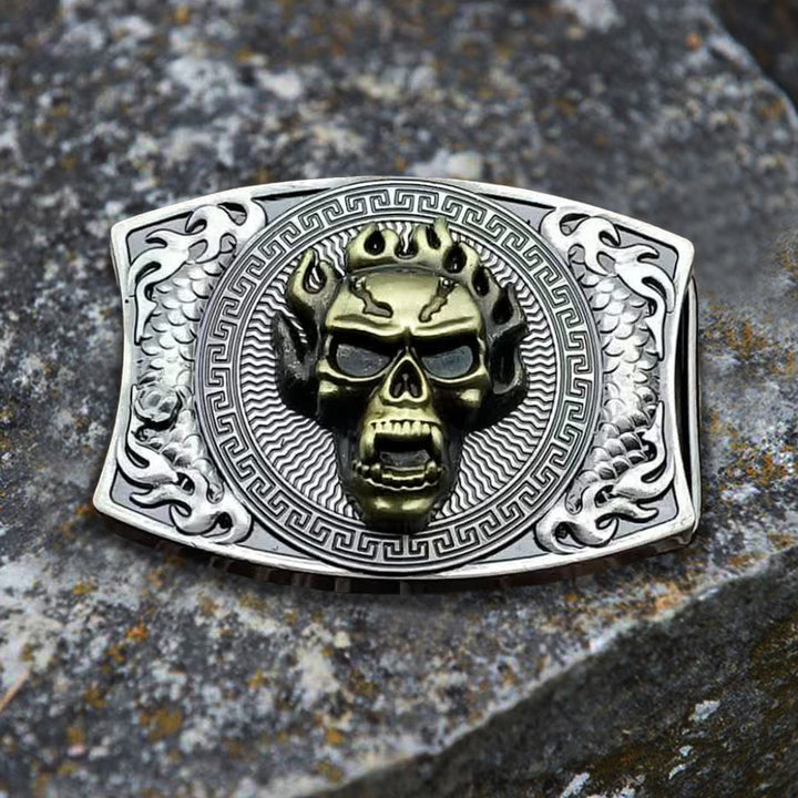 Cinturón de cuero con cuchillo plegable oculto con calavera en llamas para hombre