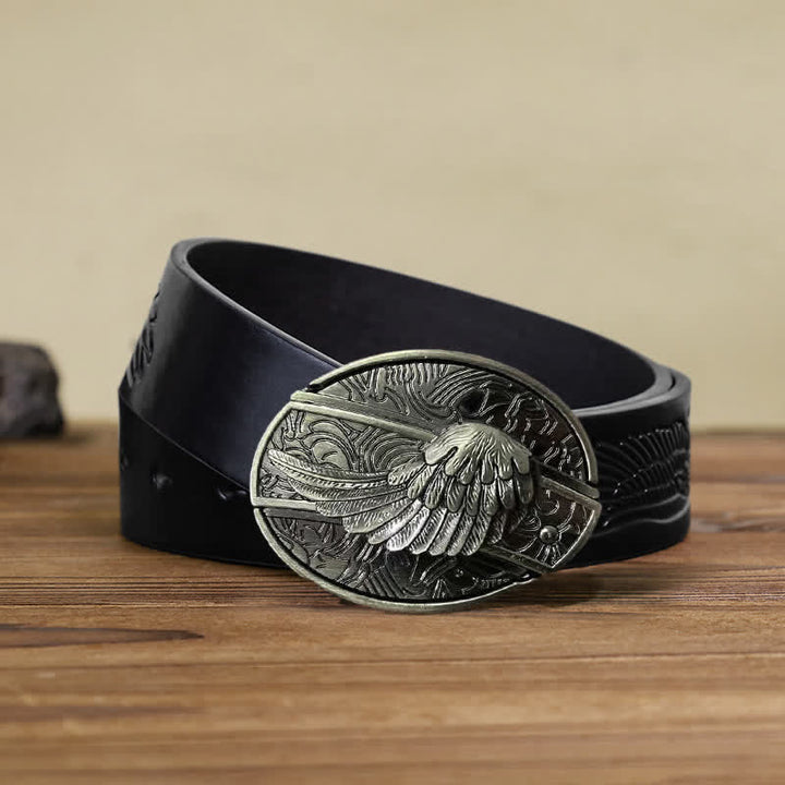 Cinturón de cuero con cuchillo plegable oculto con alas de ángel para hombre