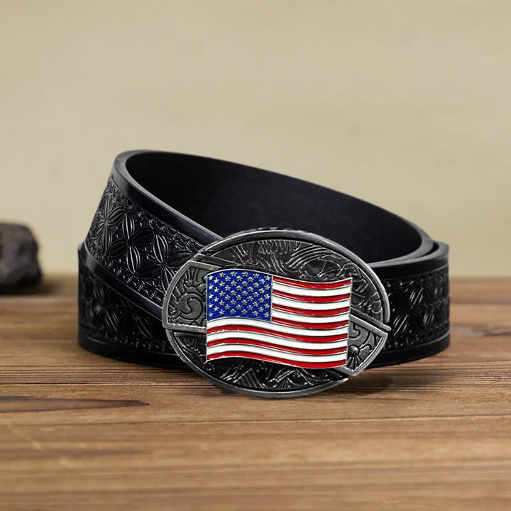 Cinturón de cuero con cuchillo plegable oculto con bandera estadounidense para hombre