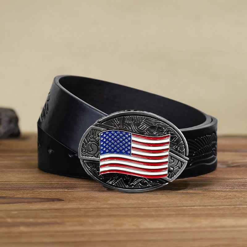Cinturón de cuero con cuchillo plegable oculto con bandera estadounidense para hombre