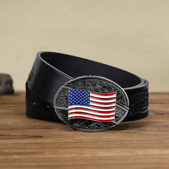 Cinturón de cuero con cuchillo plegable oculto con bandera estadounidense para hombre