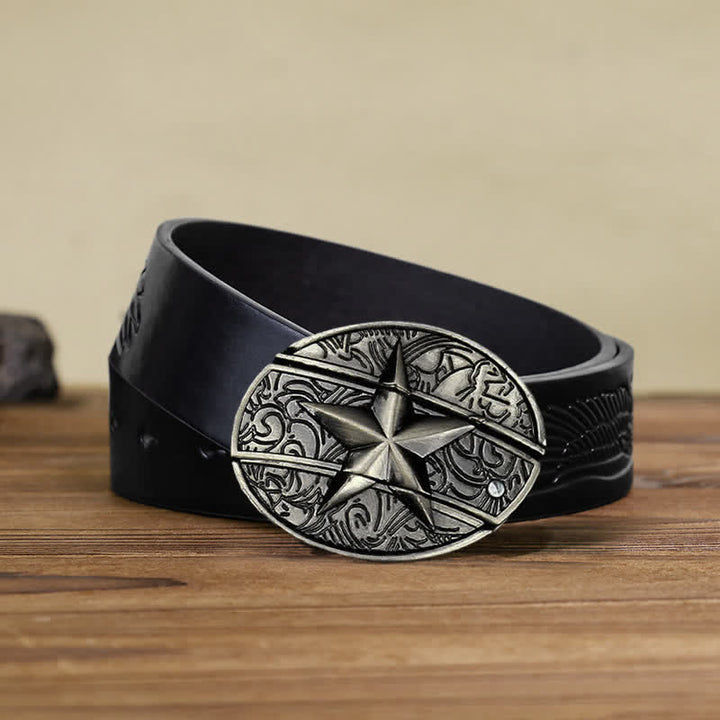 Cinturón de cuero con cuchillo plegable oculto con pentagrama para hombre