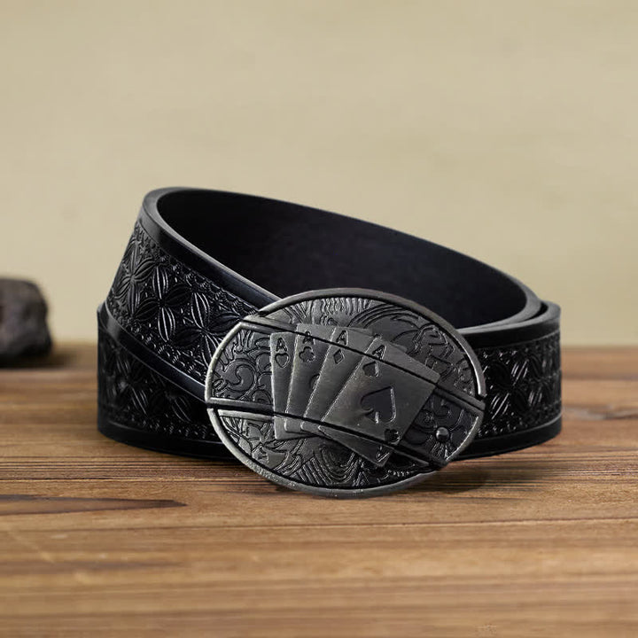 Cinturón de cuero con navaja plegable oculta Poker 4 Ace para hombre