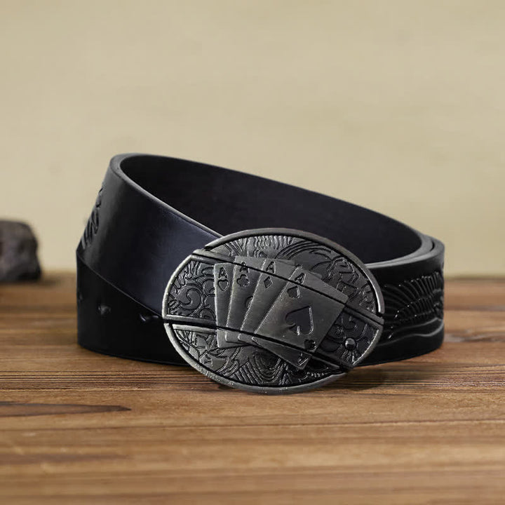 Cinturón de cuero con navaja plegable oculta Poker 4 Ace para hombre