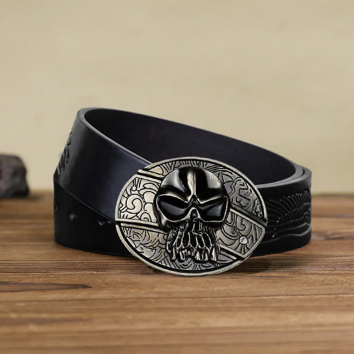 Cinturón de cuero con cuchillo plegable oculto con cabeza de calavera para hombre