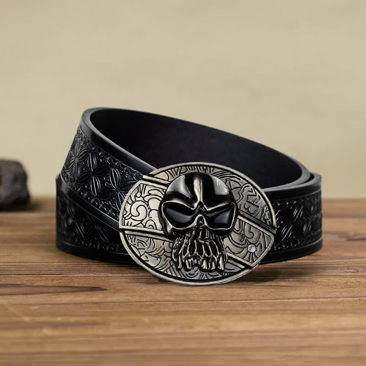 Cinturón de cuero con cuchillo plegable oculto con cabeza de calavera para hombre