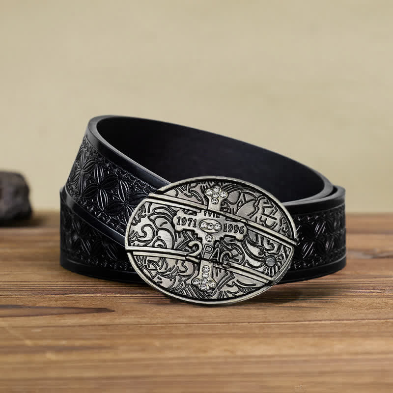 Cinturón de cuero con cuchillo plegable oculto con cruz pequeña para hombre