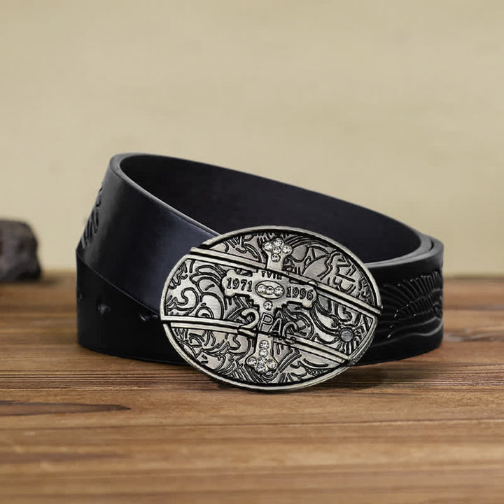 Cinturón de cuero con cuchillo plegable oculto con cruz pequeña para hombre