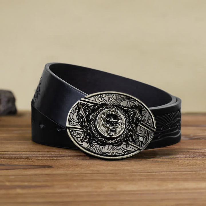 Cinturón de cuero con cuchillo plegable oculto y calavera giratoria para hombre
