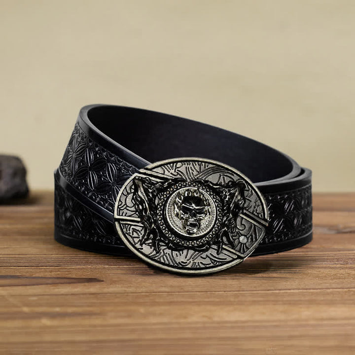 Cinturón de cuero con cuchillo plegable oculto y calavera giratoria para hombre