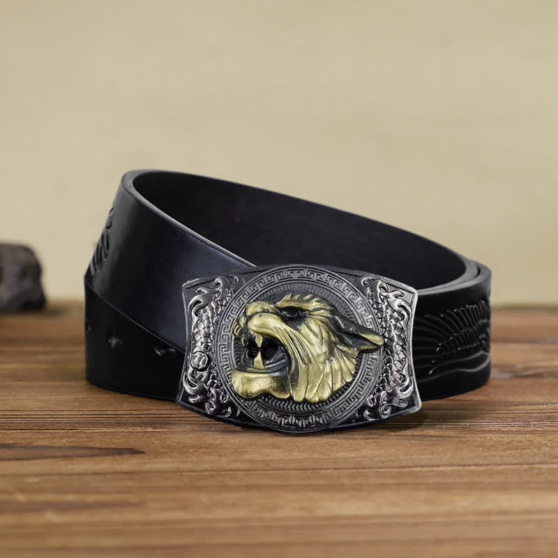 Cinturón de cuero con cuchillo plegable oculto de tigre para hombre, hecho a mano