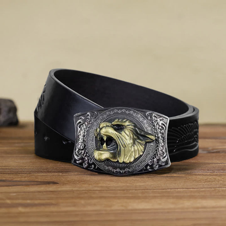 Cinturón de cuero con cuchillo plegable oculto de tigre para hombre, hecho a mano