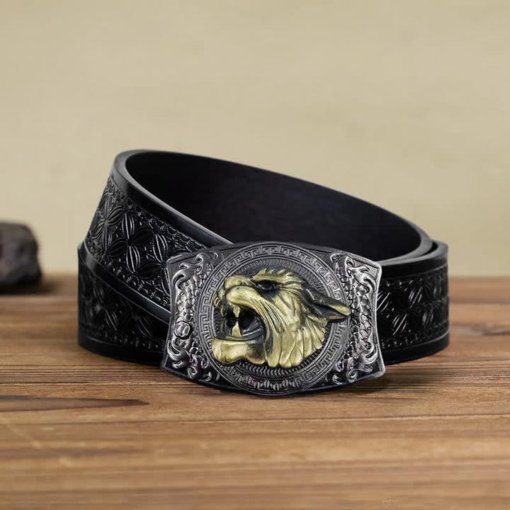 Cinturón de cuero con cuchillo plegable oculto de tigre para hombre, hecho a mano