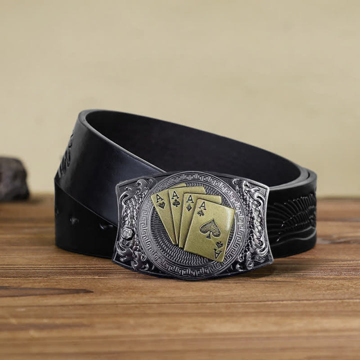 Cinturón de cuero con navaja plegable oculta para hombre, hecho a mano con póker dorado